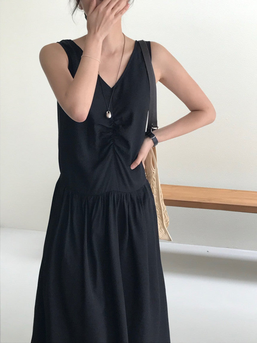 Posh v-neck shirring onepiece-2col
