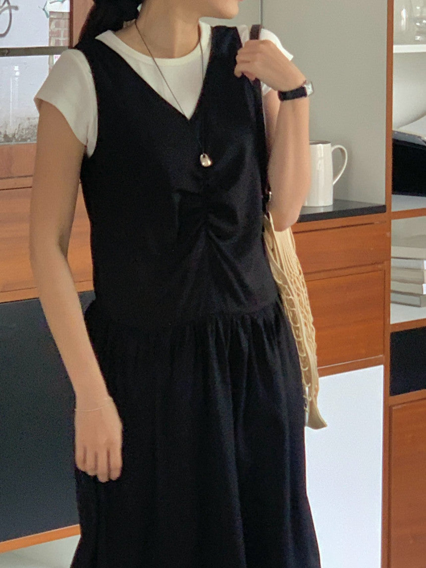 Posh v-neck shirring onepiece-2col