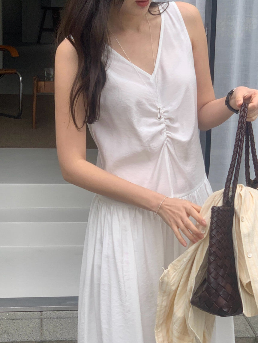 Posh v-neck shirring onepiece-2col