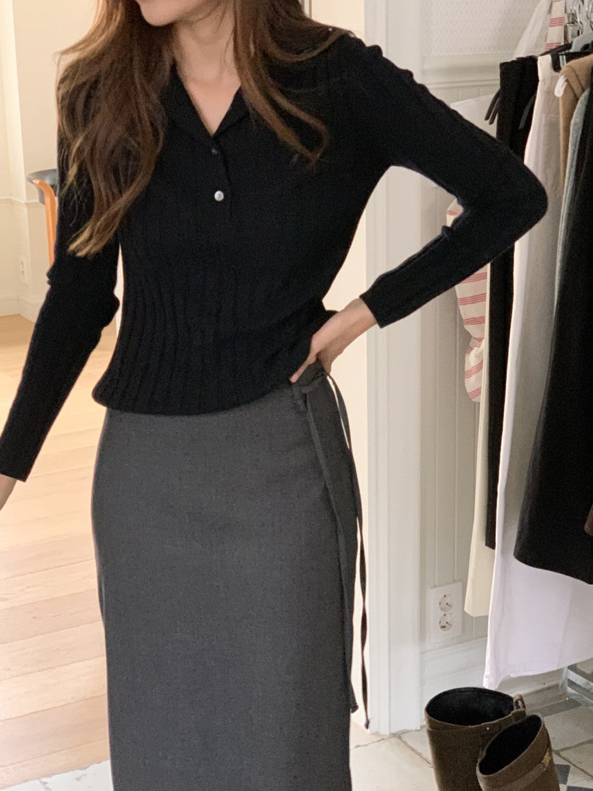 Linear wool button collar knit-4col