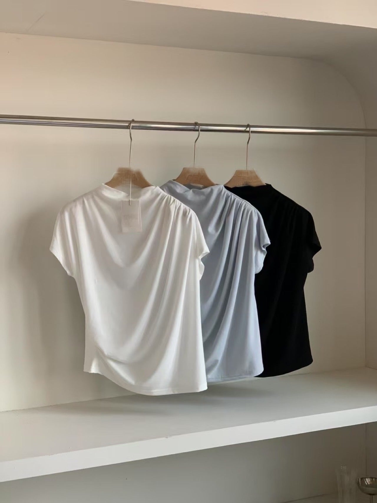 Rizy half high neck shirring T-4col