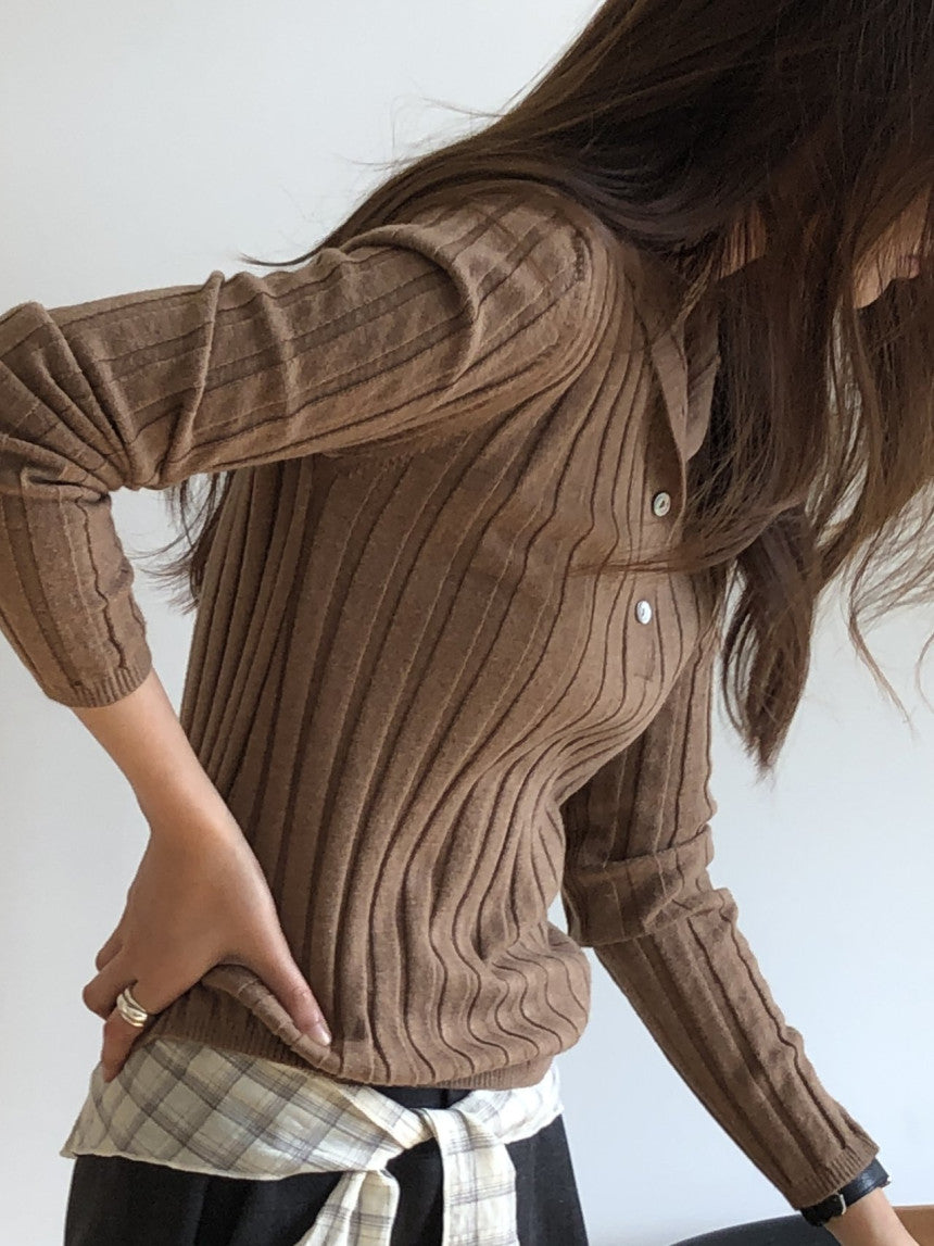 Linear wool button collar knit-4col