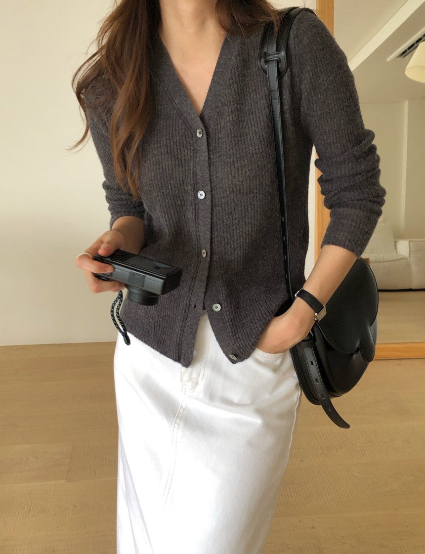 Baby alpaca rib v-neck cardigan-2col
