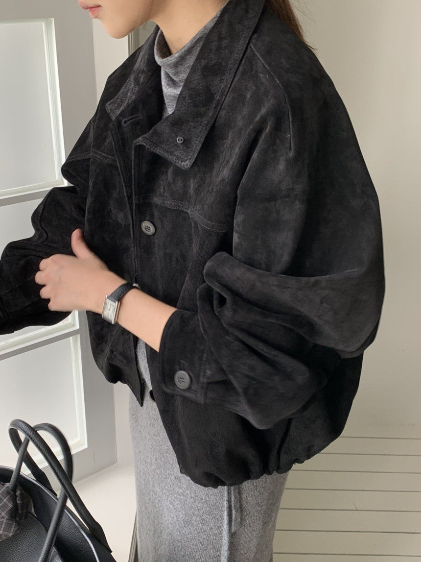 Reuven high neck pig leather suede jacket-2col