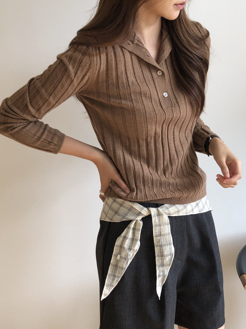 Linear wool button collar knit-4col