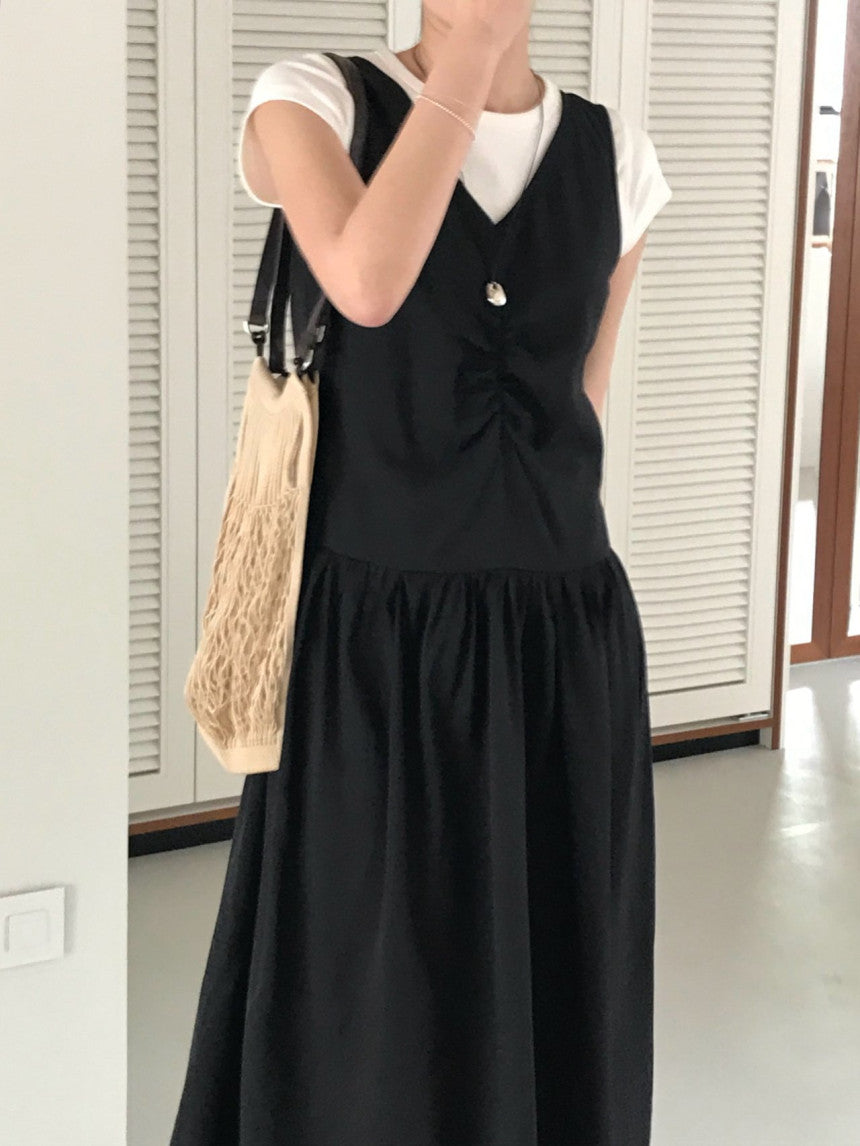 Posh v-neck shirring onepiece-2col