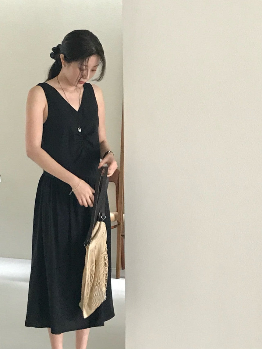 Posh v-neck shirring onepiece-2col