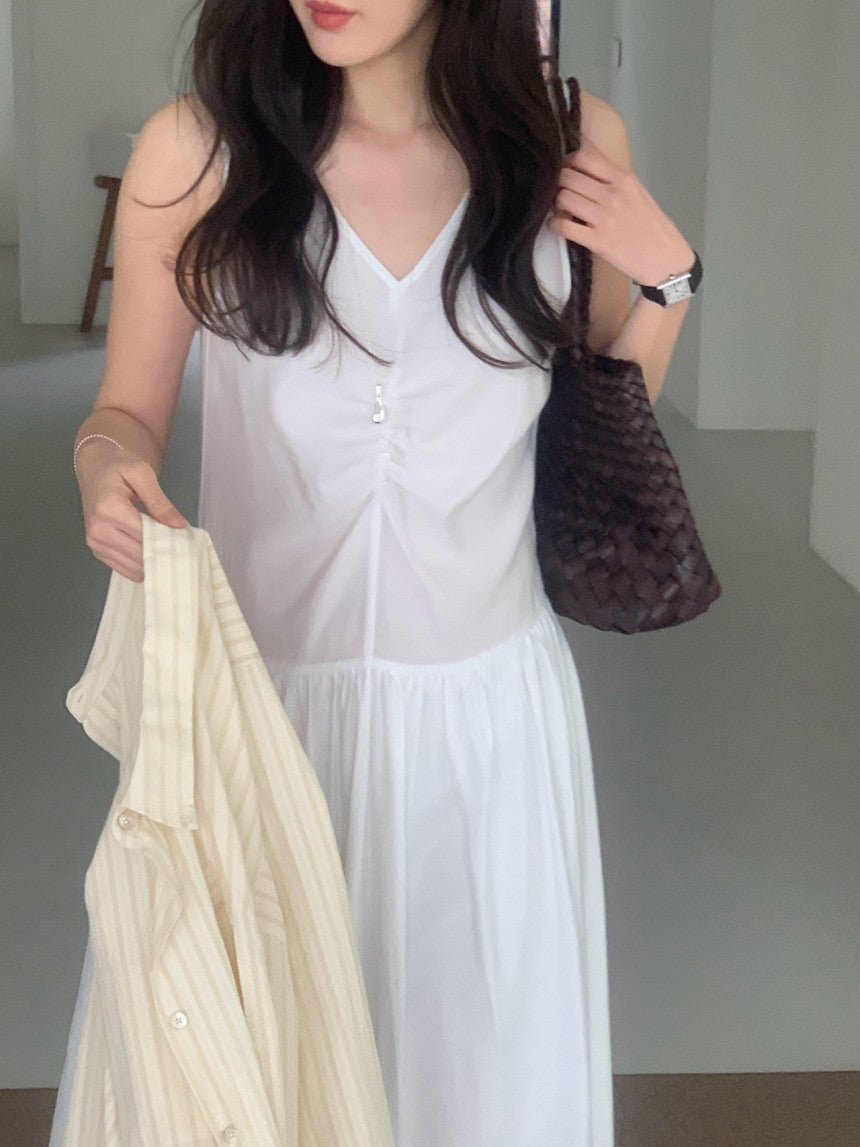 Posh v-neck shirring onepiece-2col