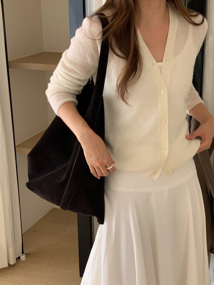 Baby alpaca rib v-neck cardigan-2col