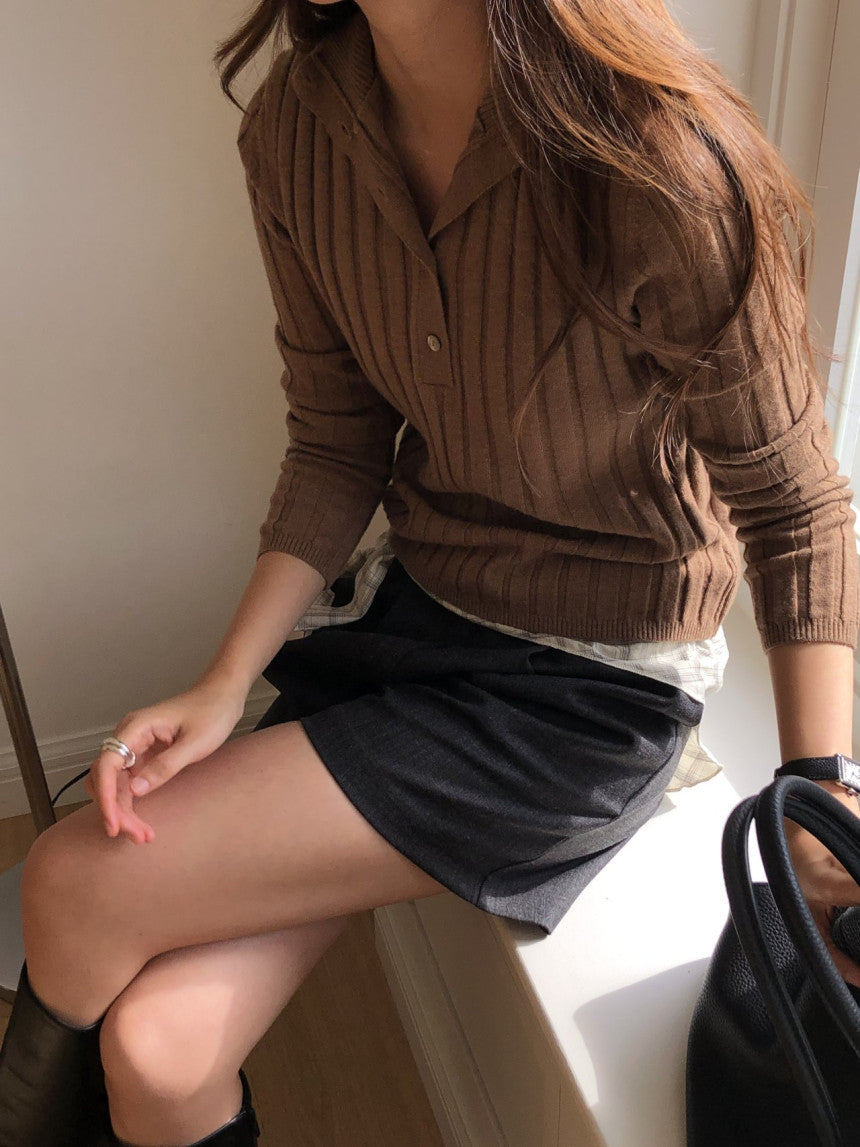 Linear wool button collar knit-4col