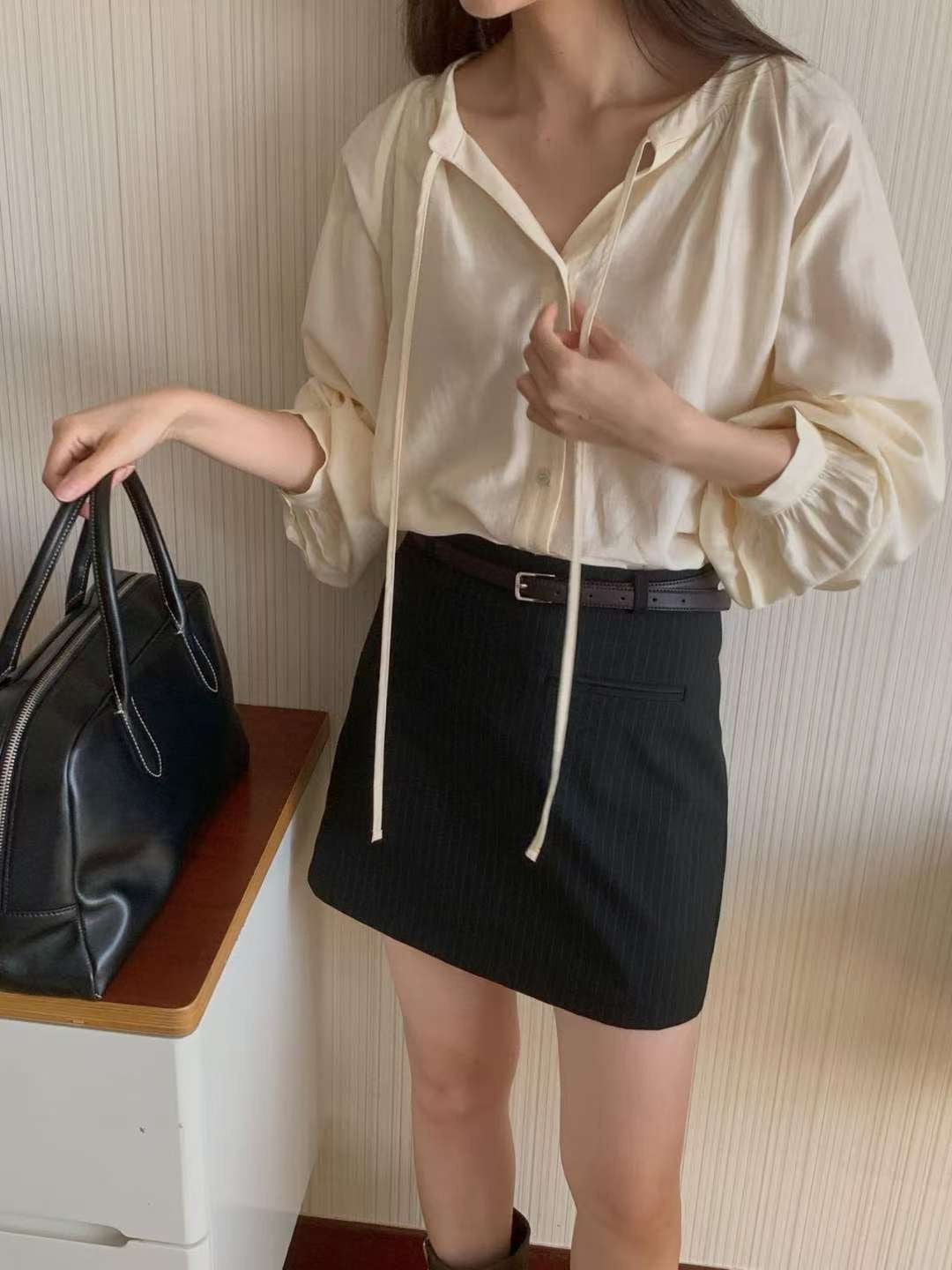 rope shirring blouse-2col