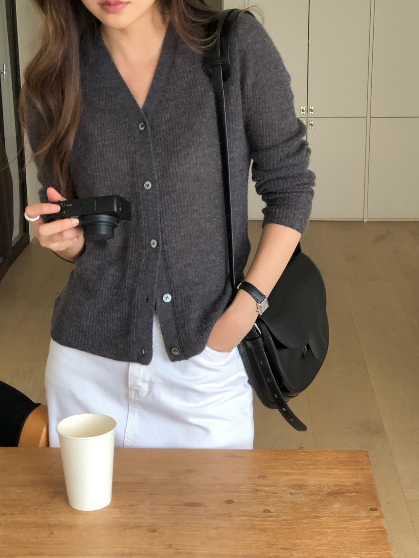 Baby alpaca rib v-neck cardigan-2col