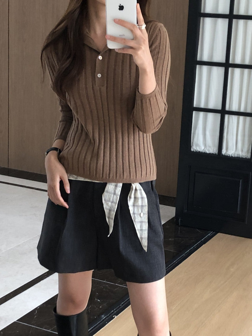 Linear wool button collar knit-4col