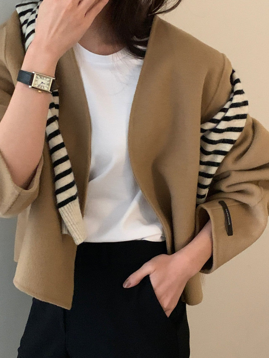 collarless handmade wool jacket-2col