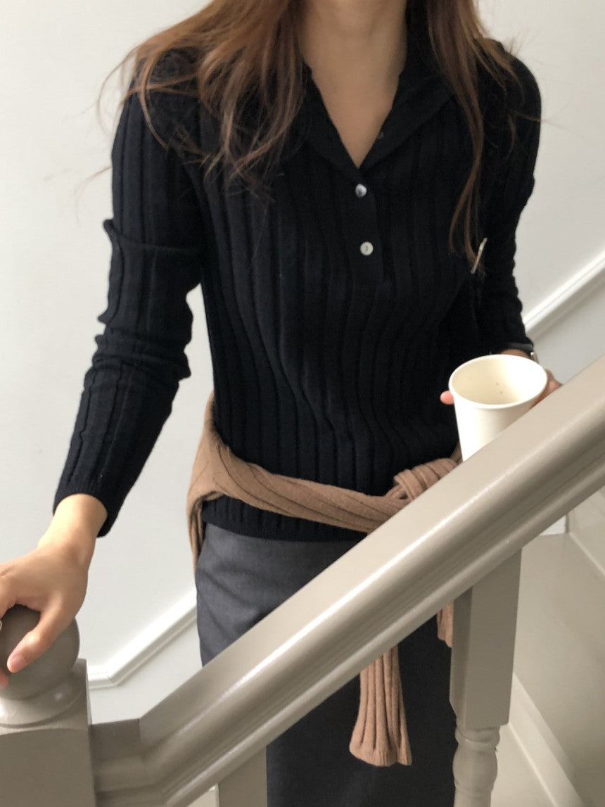 Linear wool button collar knit-4col