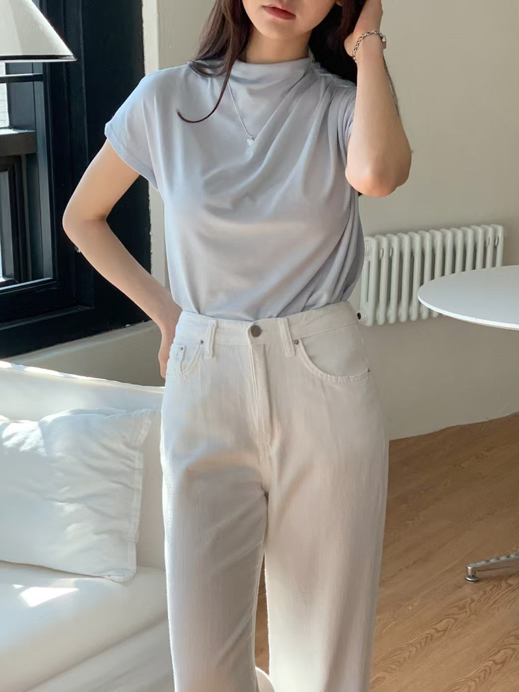 Rizy half high neck shirring T-4col
