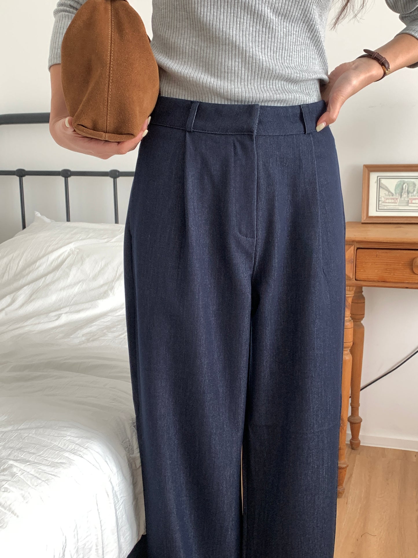Fw denim onepintuck slacks-2col ショート丈あり