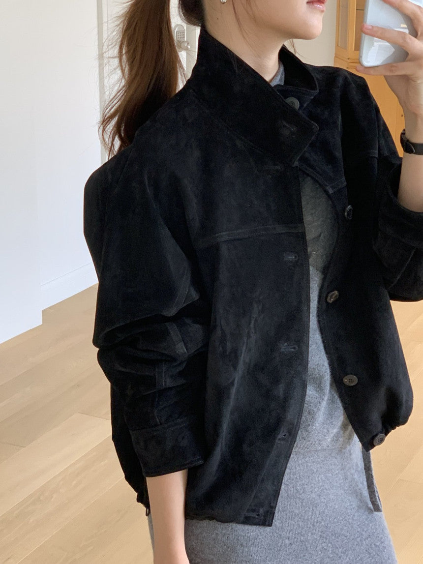 Reuven high neck pig leather suede jacket-2col