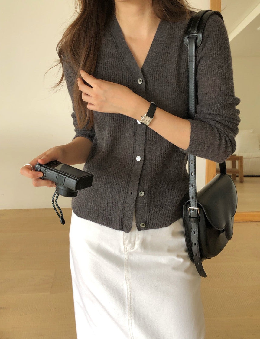 Baby alpaca rib v-neck cardigan-2col