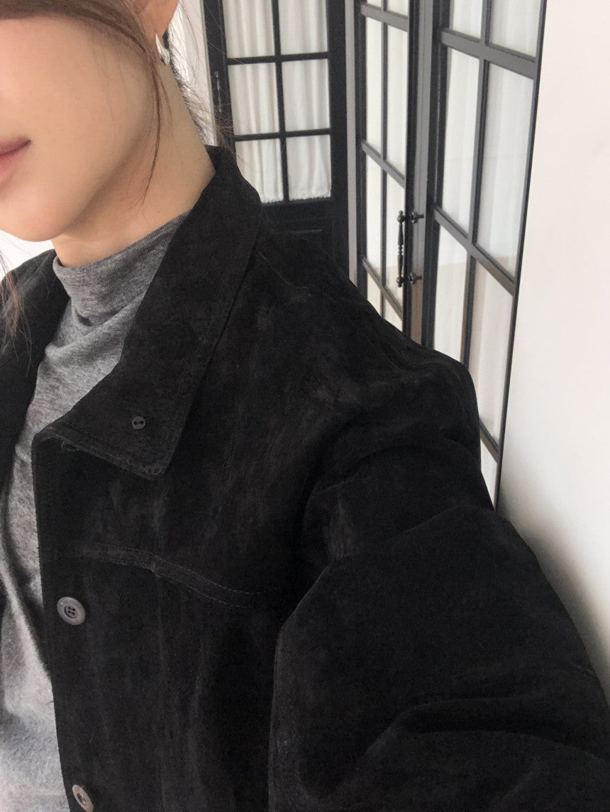 Reuven high neck pig leather suede jacket-2col
