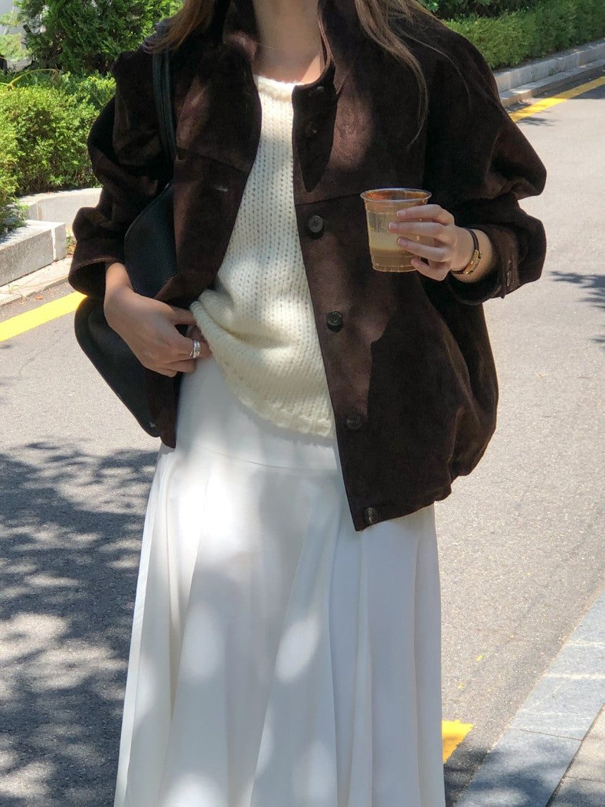 Reuven high neck pig leather suede jacket-2col