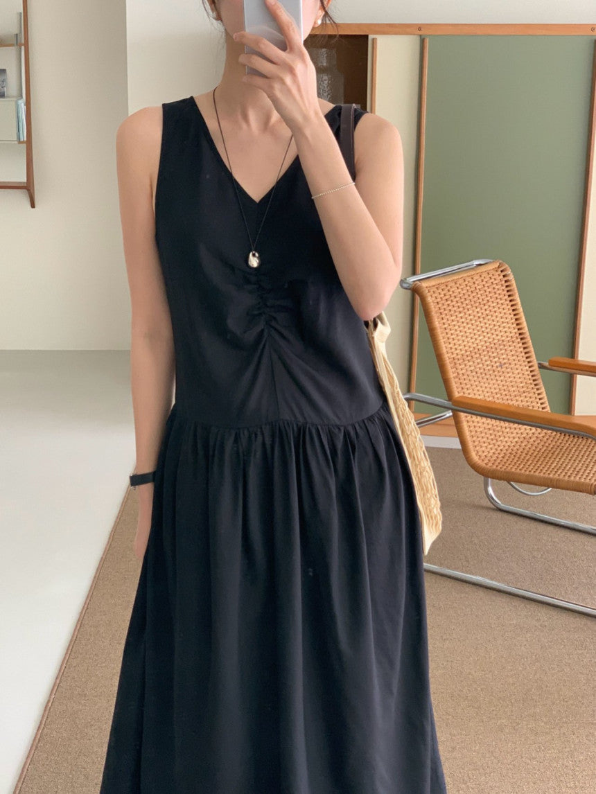 Posh v-neck shirring onepiece-2col