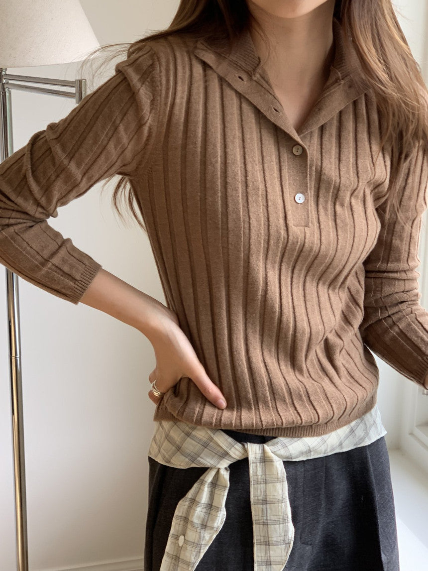 Linear wool button collar knit-4col
