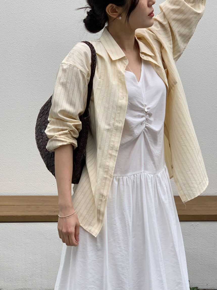 Posh v-neck shirring onepiece-2col