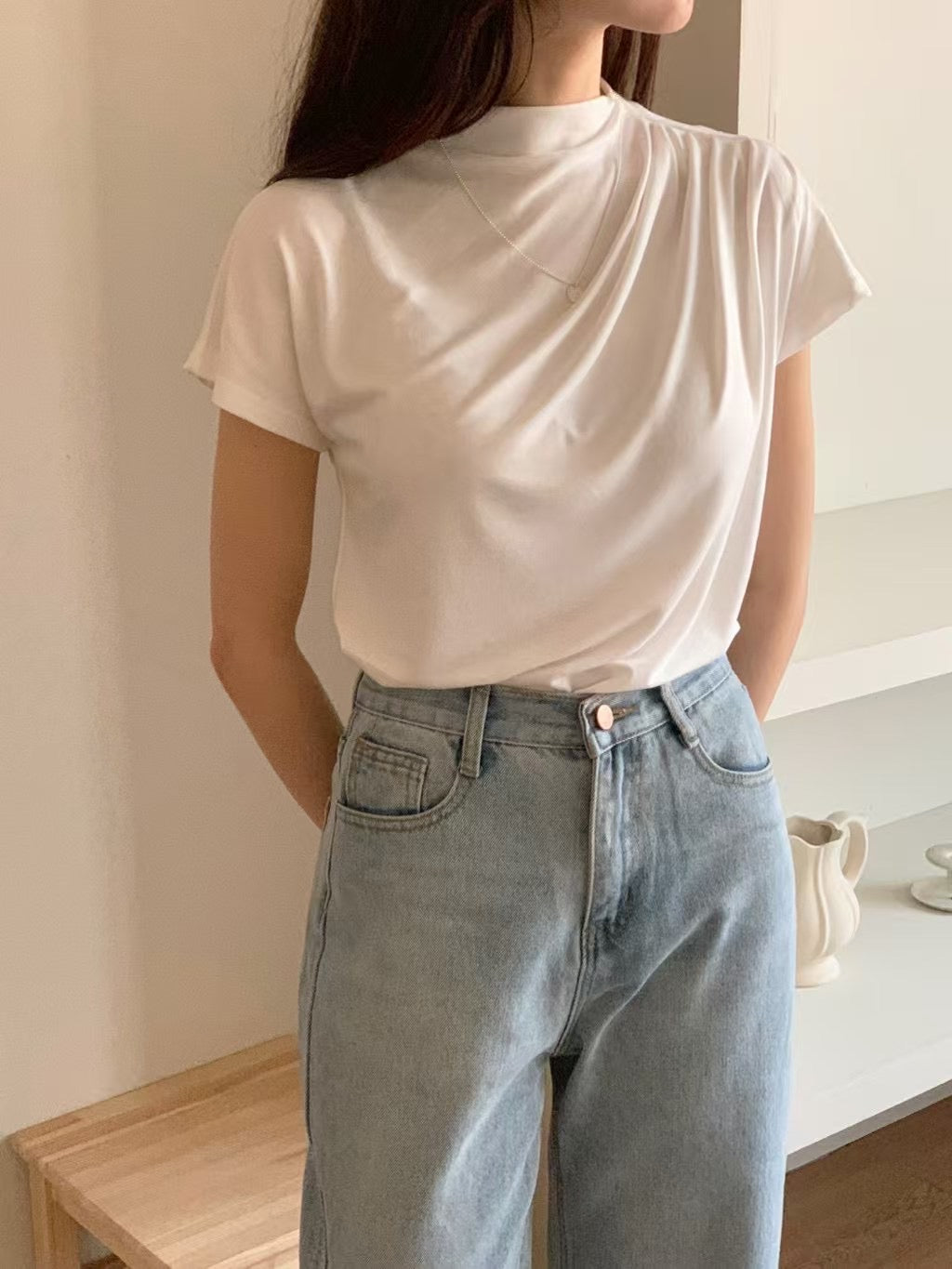 Rizy half high neck shirring T-4col