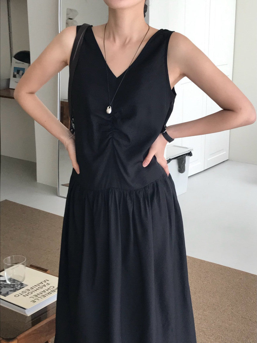 Posh v-neck shirring onepiece-2col