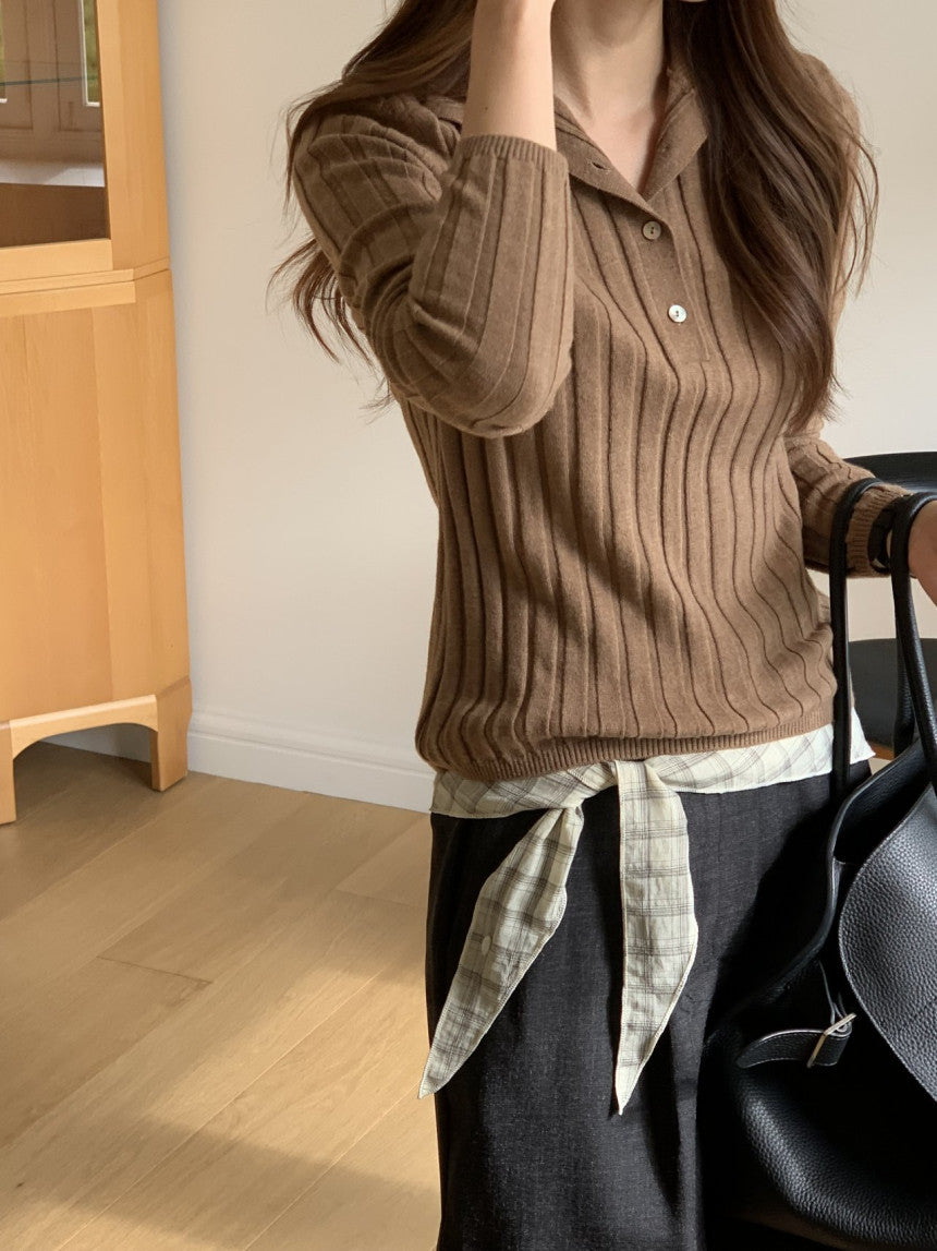 Linear wool button collar knit-4col