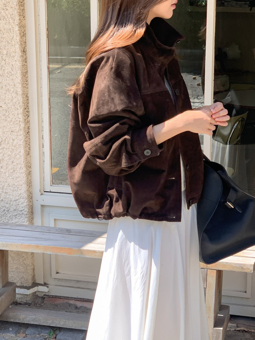 Reuven high neck pig leather suede jacket-2col