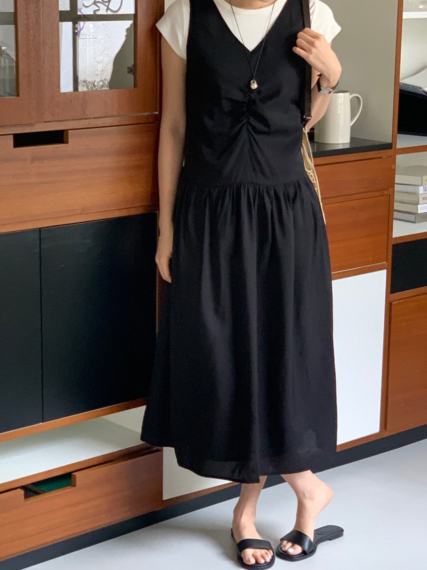 Posh v-neck shirring onepiece-2col