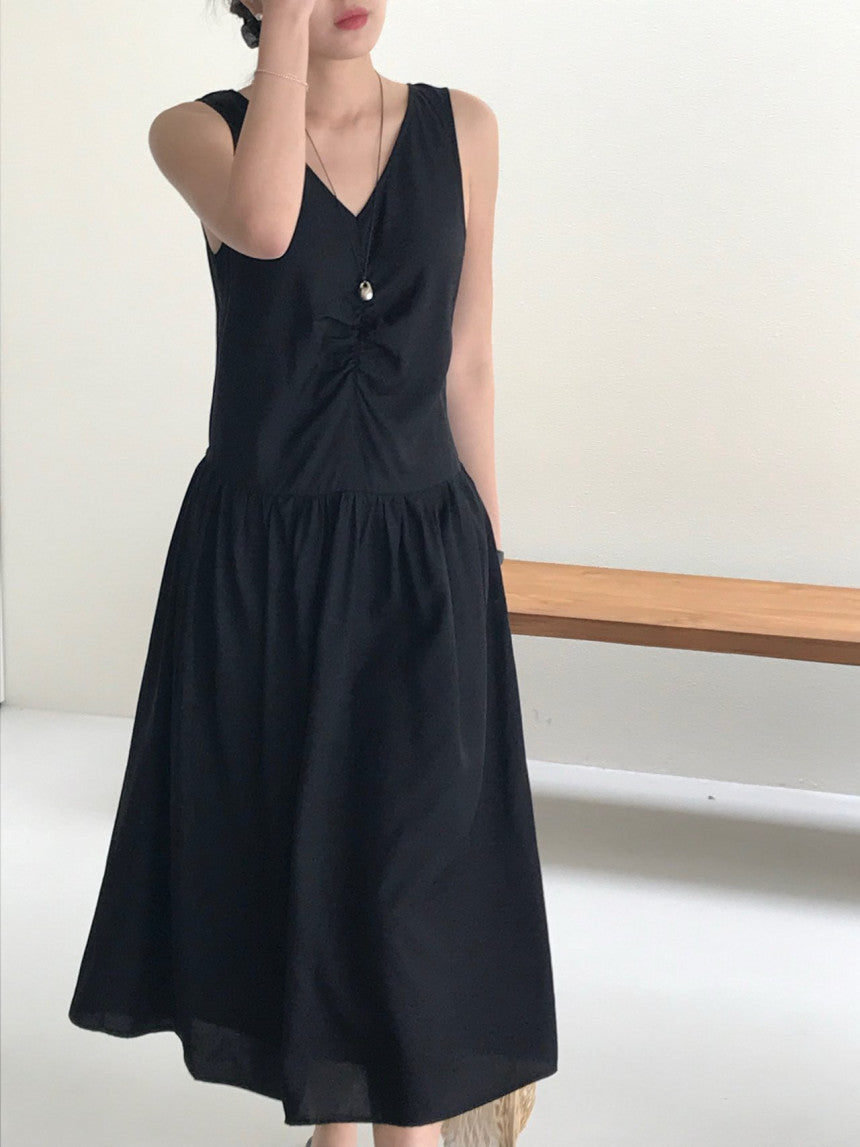 Posh v-neck shirring onepiece-2col