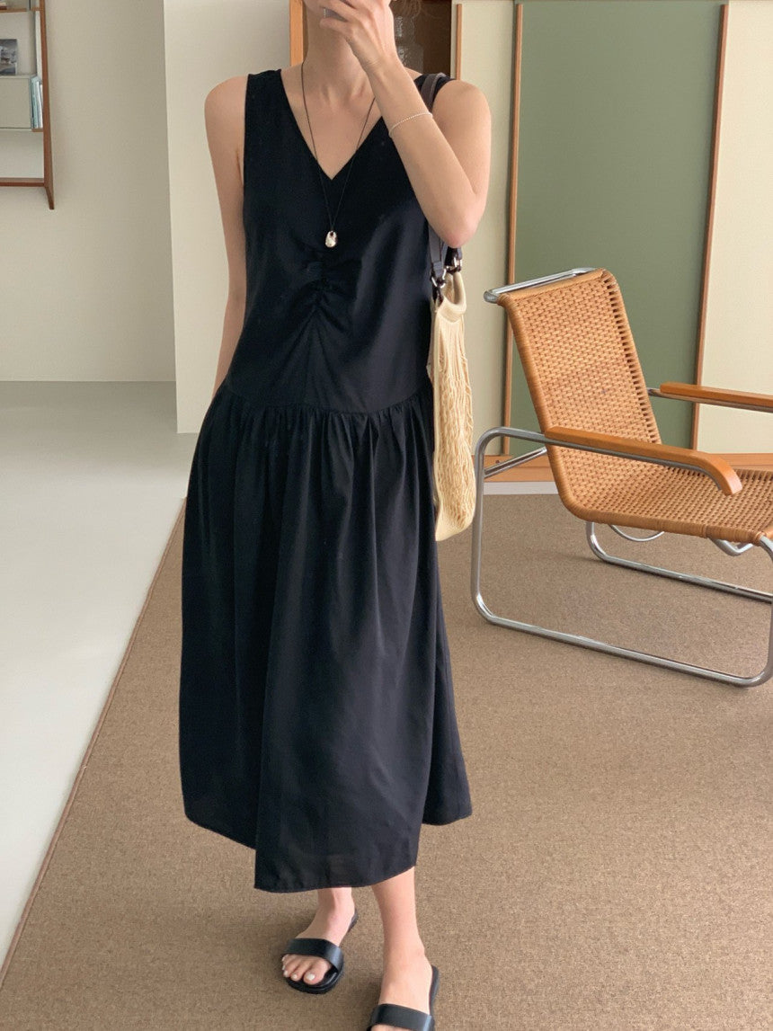 Posh v-neck shirring onepiece-2col
