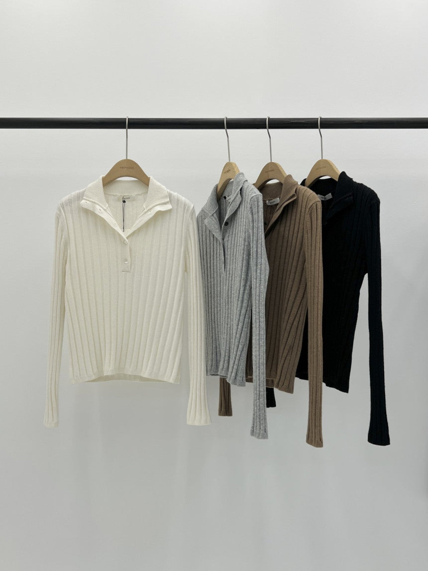 Linear wool button collar knit-4col