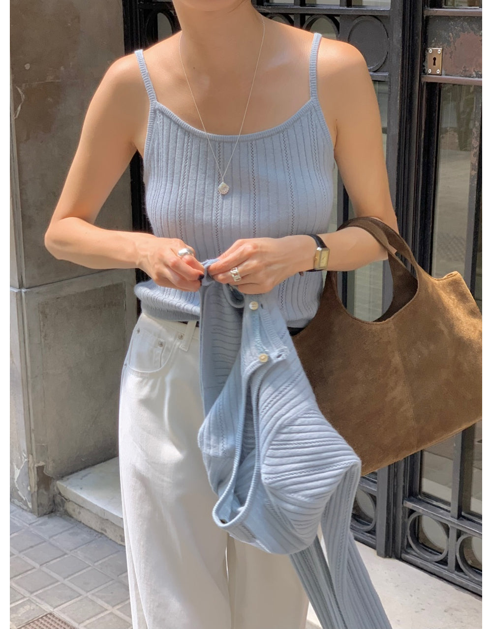 Punching sleeveless&cardigan set-3col