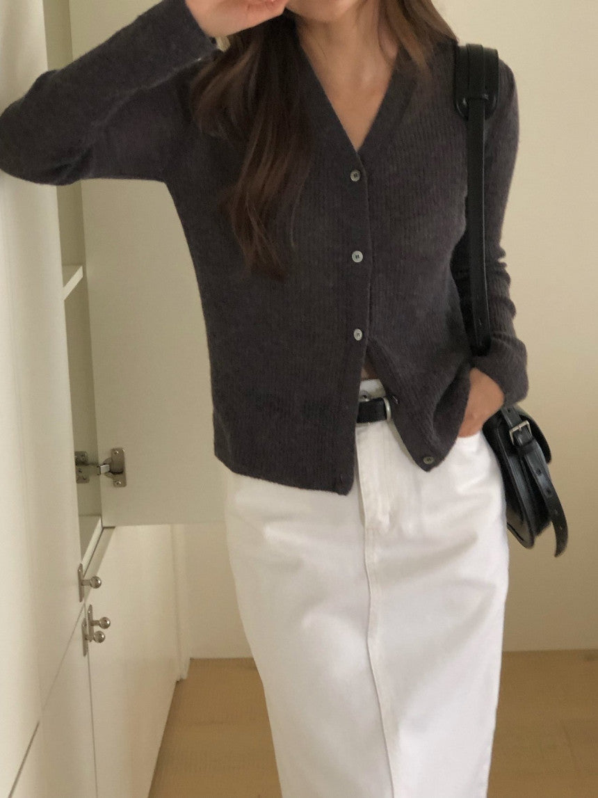 Baby alpaca rib v-neck cardigan-2col