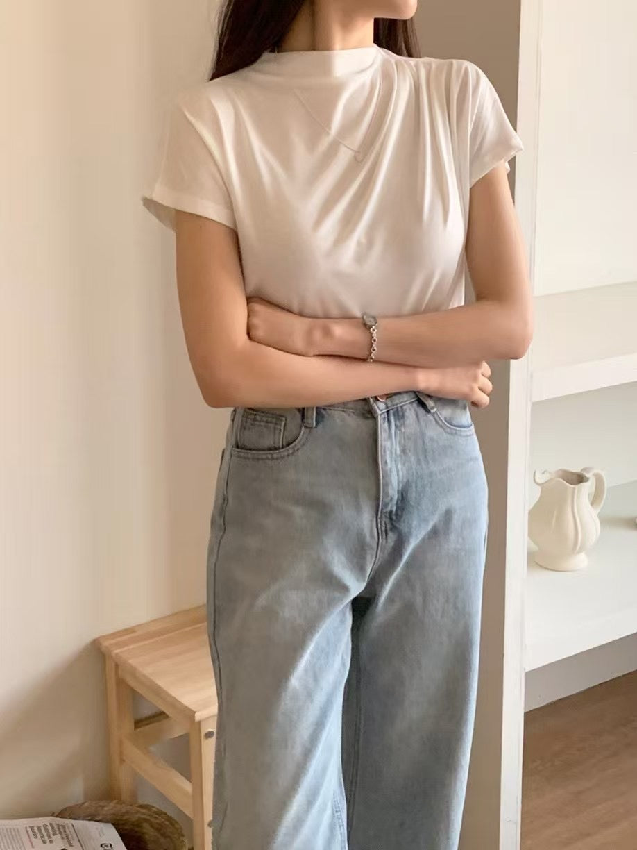 Rizy half high neck shirring T-4col
