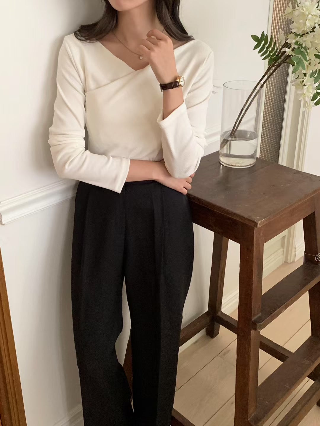Jane v neck rib T-5col