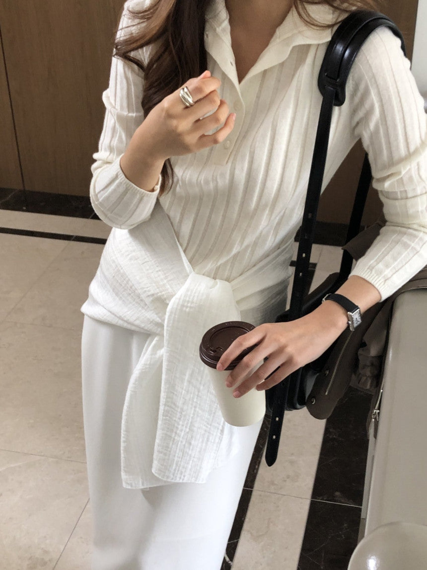 Linear wool button collar knit-4col