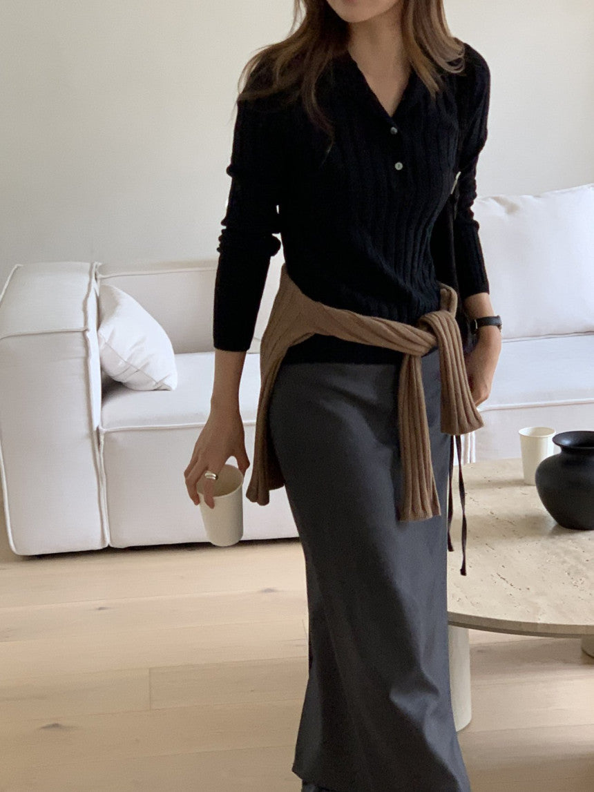 Linear wool button collar knit-4col