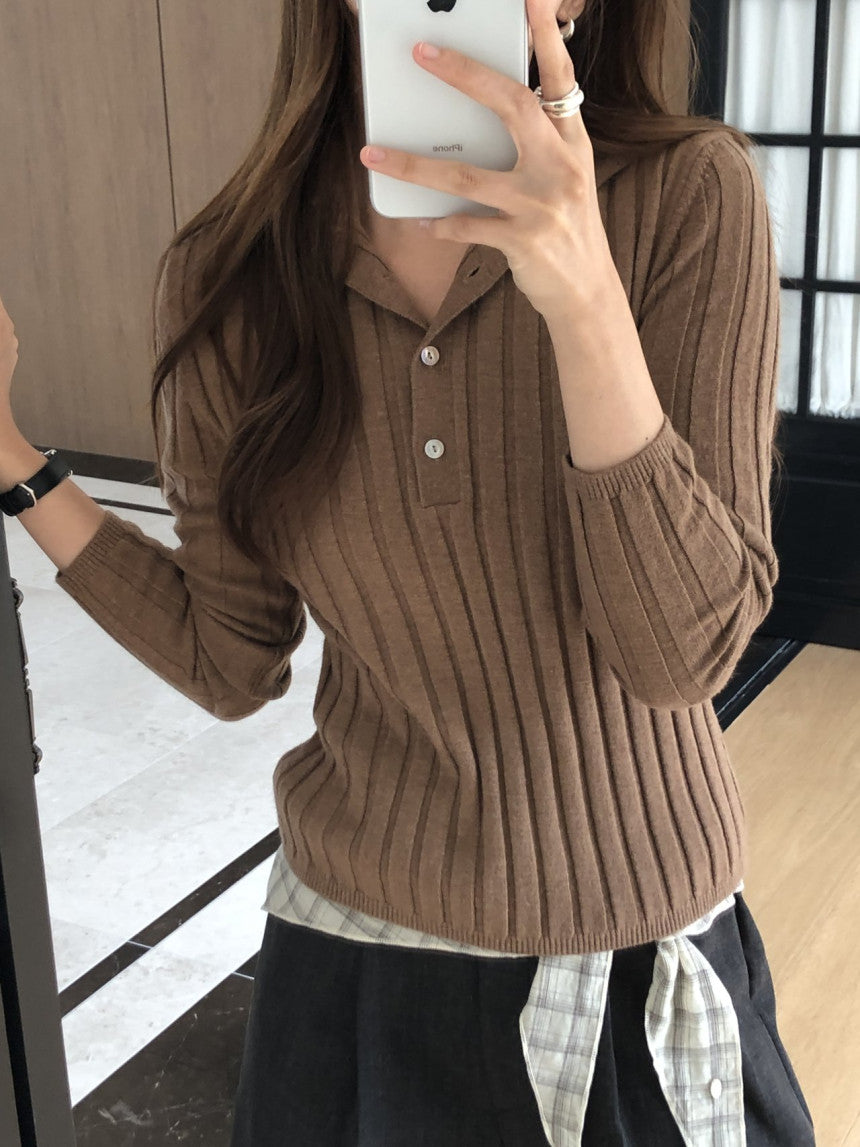 Linear wool button collar knit-4col
