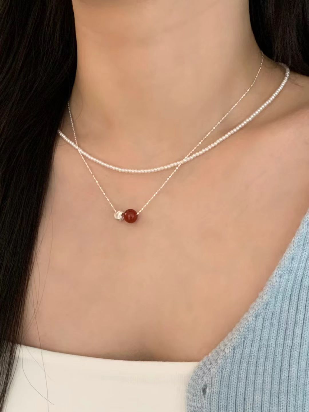 Pia Red Onyx Silver Ball Necklace