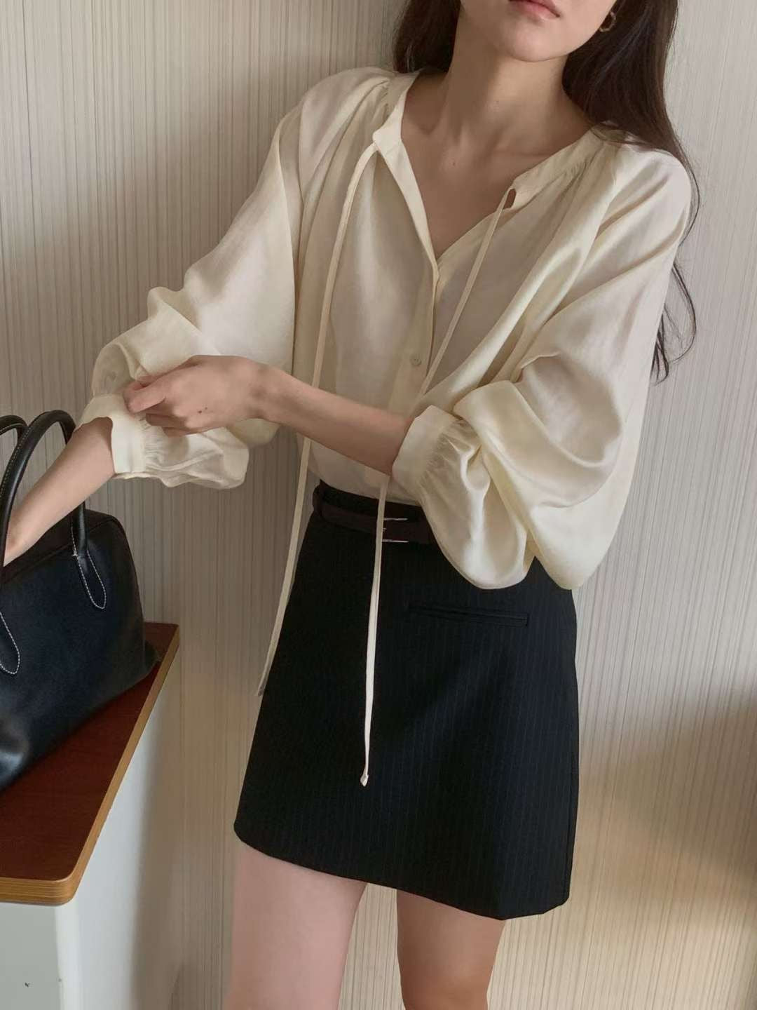 rope shirring blouse-2col