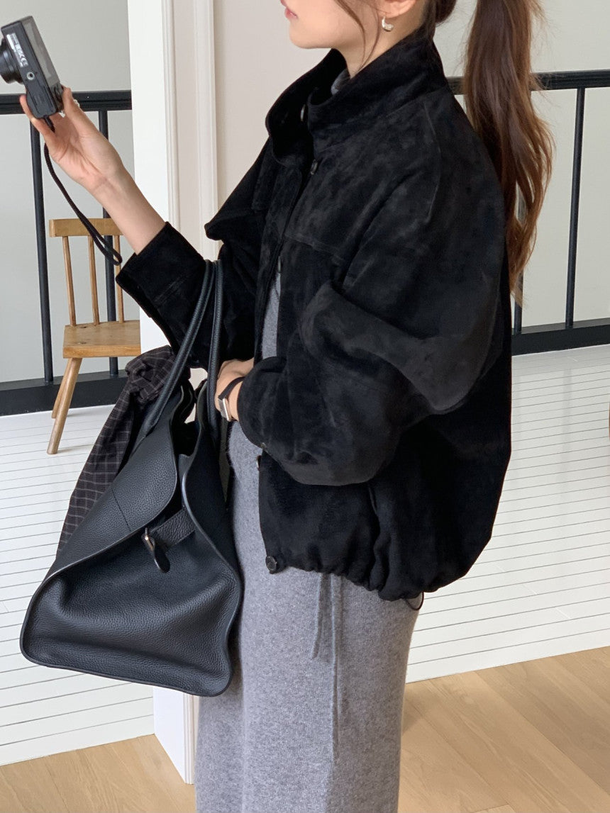 Reuven high neck pig leather suede jacket-2col
