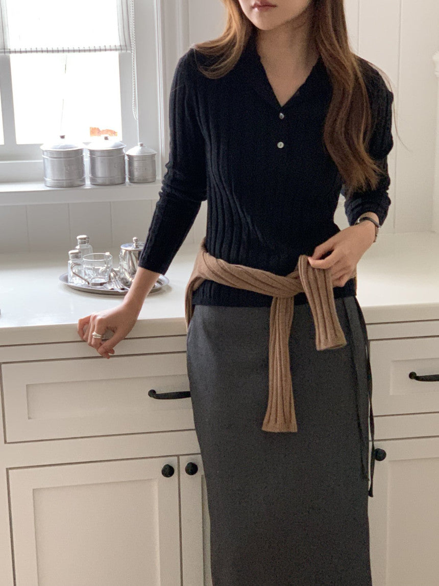 Linear wool button collar knit-4col