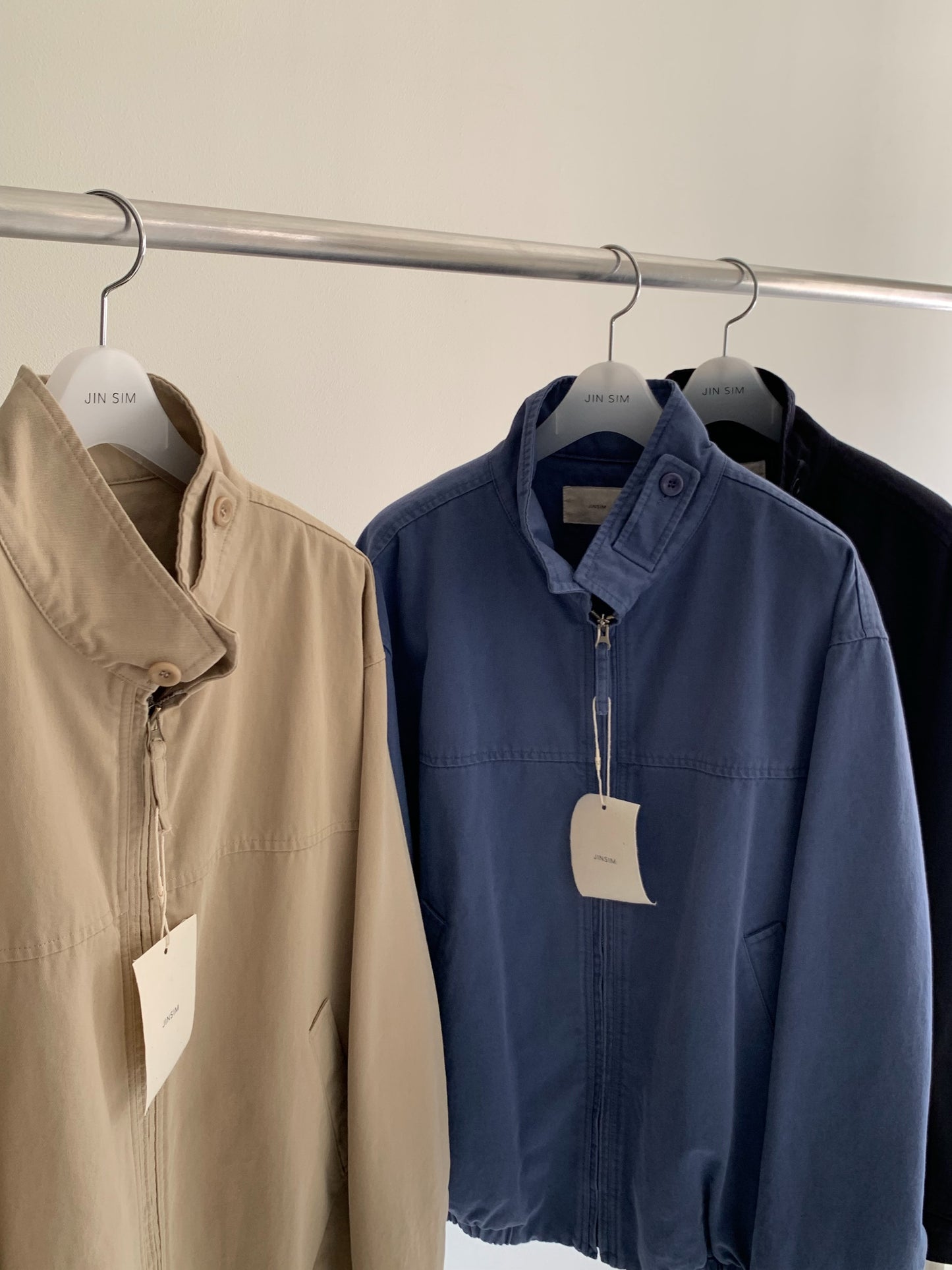 french blue cotton high-neck zip-up jacket-3col