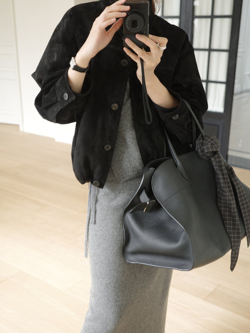 Reuven high neck pig leather suede jacket-2col