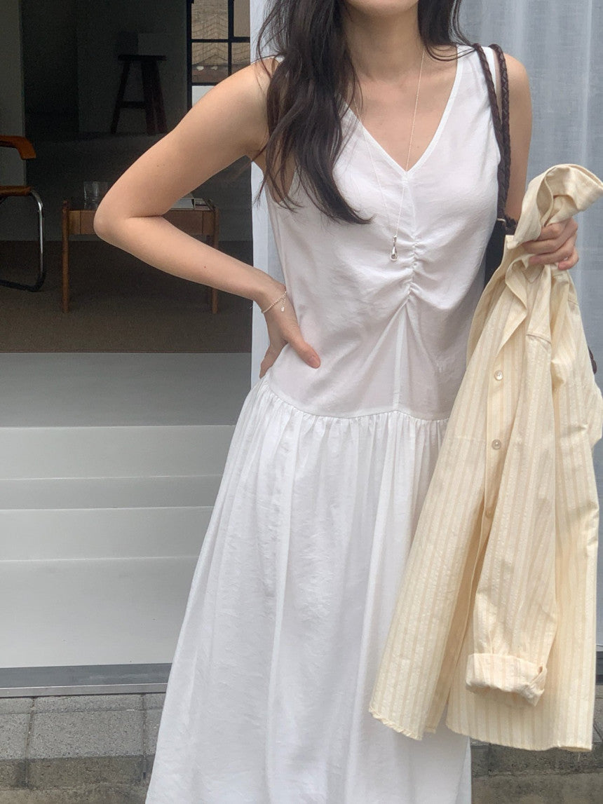 Posh v-neck shirring onepiece-2col